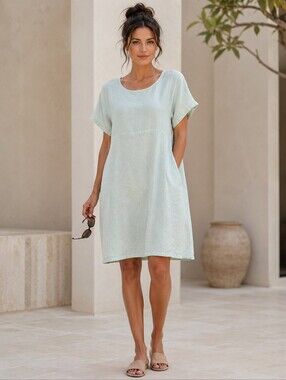 Bryn Walker Mint Linen Shift Dress L Made USA Pockets Coastal